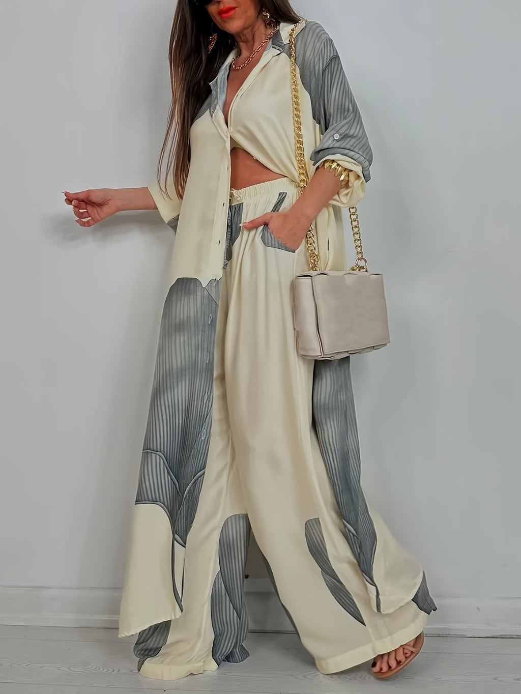 Eloria | Dames 2-delige set met print: blouse met lange mouwen en knoopsluiting & losse broek, casual lounge outfit