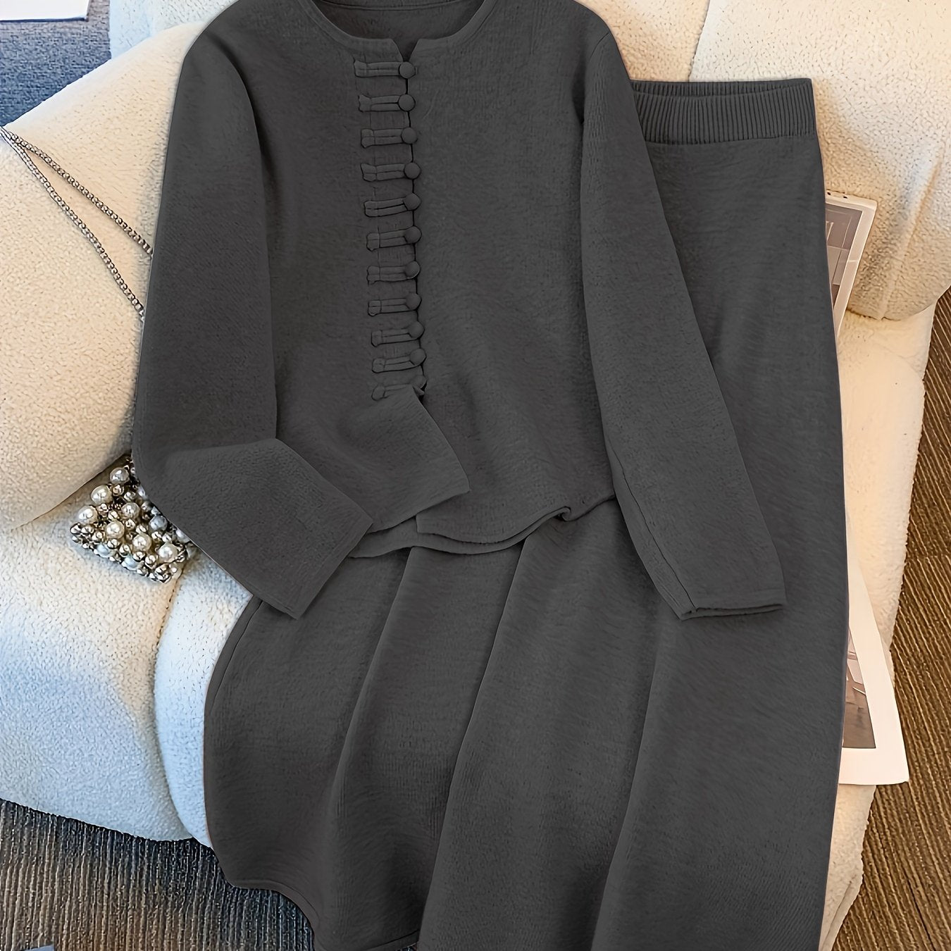 Sylindra | Dames herfst-winter tweedelige set – losse vest-trui en halflange rok met elastische tailleband