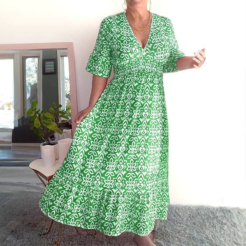 Arvexia | Vloeiende bohemian zomerjurk voor dames – Maxi met V-hals en bloemenprint
