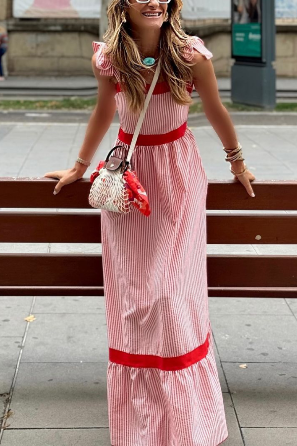 Fiorath | Dames gestreepte maxi-jurk – rood-witte verticale strepen, lange zomer strandjurk