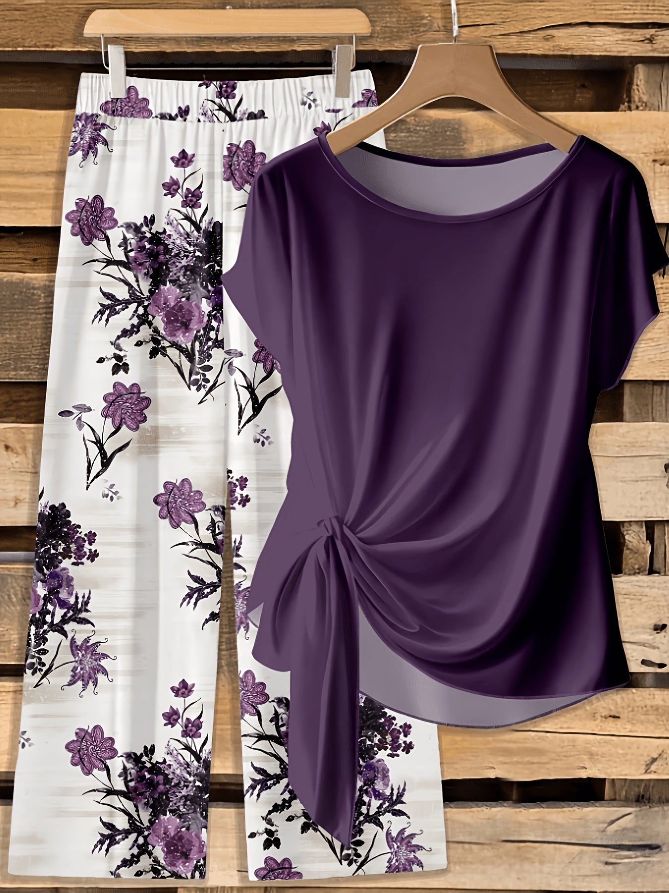 Gena | Tweedelige damesset – top met korte mouwen en bedrukte wijde broek, zomerse co-ord set