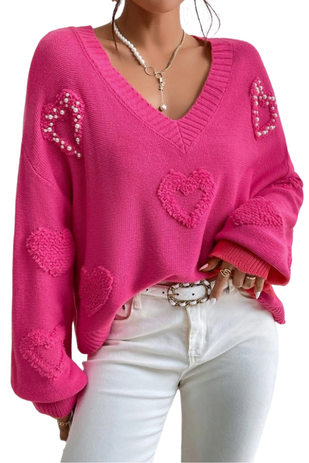 Avarine | Pull femme à cœurs - Col V, perles de nacre et texture douce