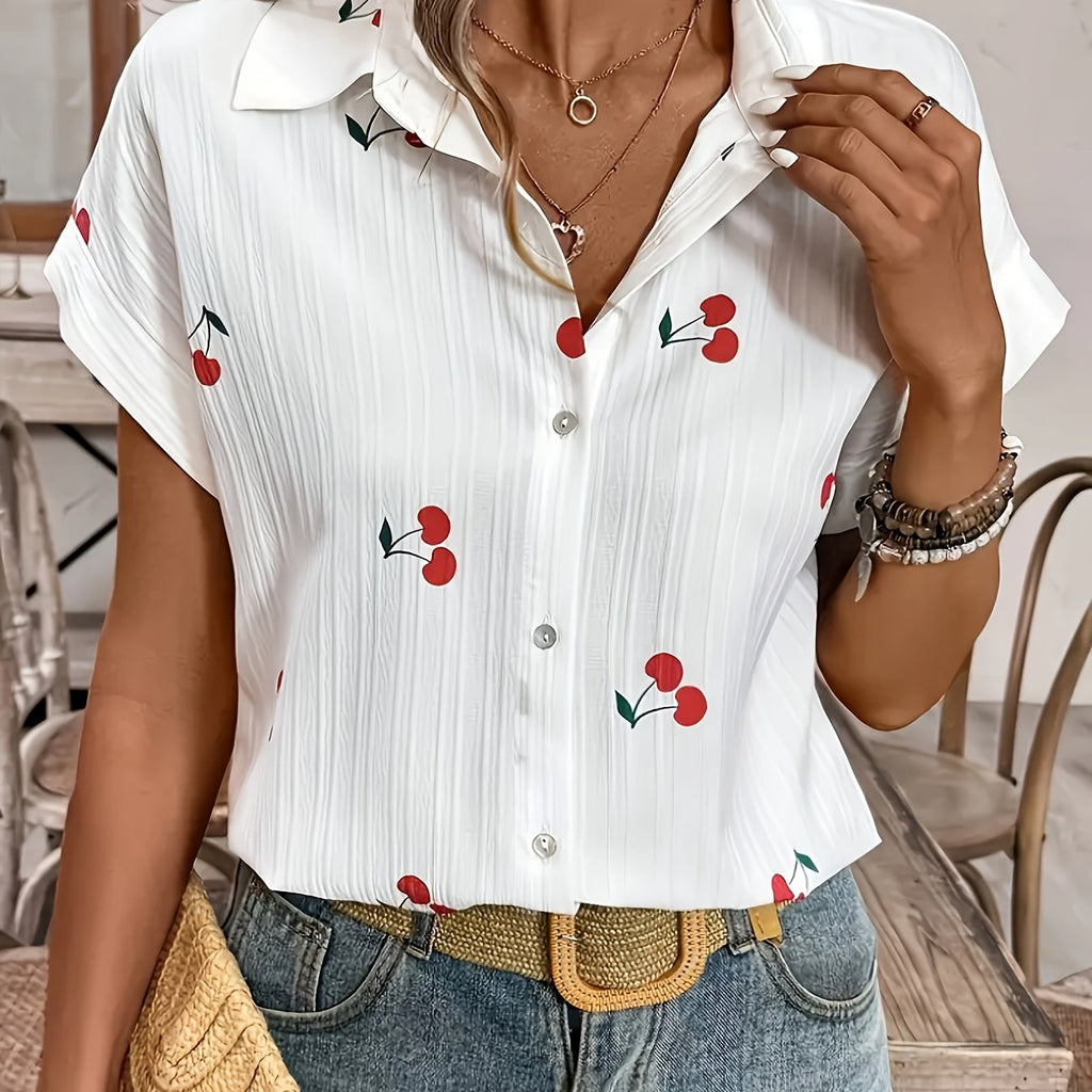 Azmara | Damesblouse met kersenprint – Overhemd met korte mouwen en knoopsluiting