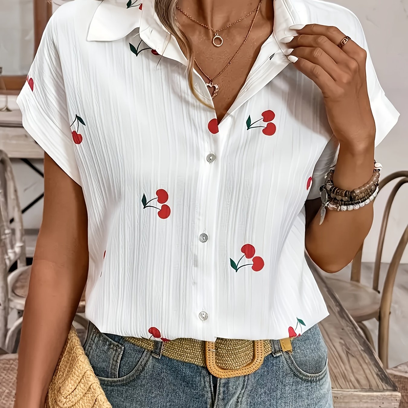 Azmara | Damesblouse met kersenprint – Overhemd met korte mouwen en knoopsluiting