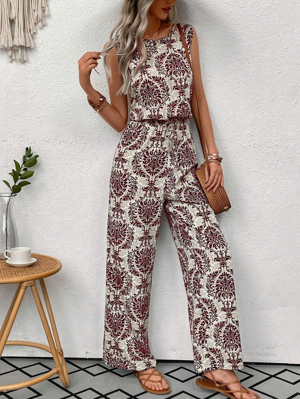 Lanira | Combinaison sans manches à motif ethnique - Combinaison bohème fluide avec taille élastiquée