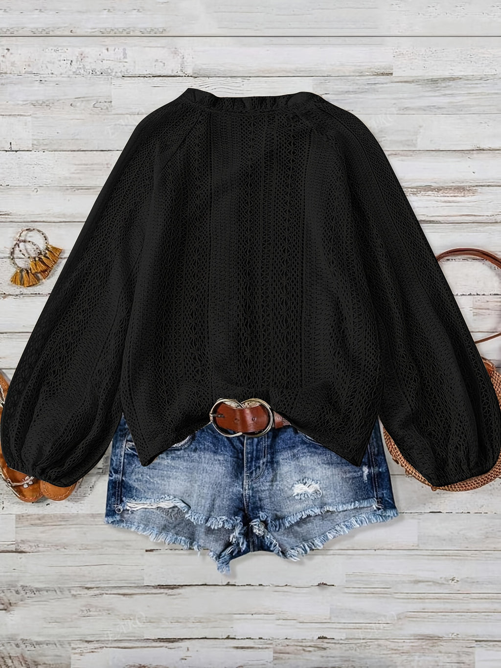 Feylira | Casual damesblouse met V-hals en kant – Lange mouwen, holle brei, knoopsluiting, semi-transparante