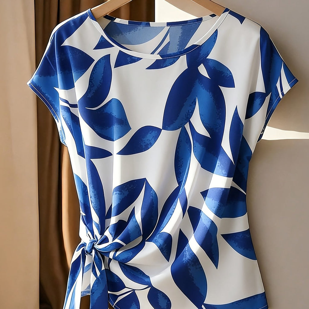 Belyn | Damesmode - Casual blouse met print, strik in de hals en geplooide manchetten