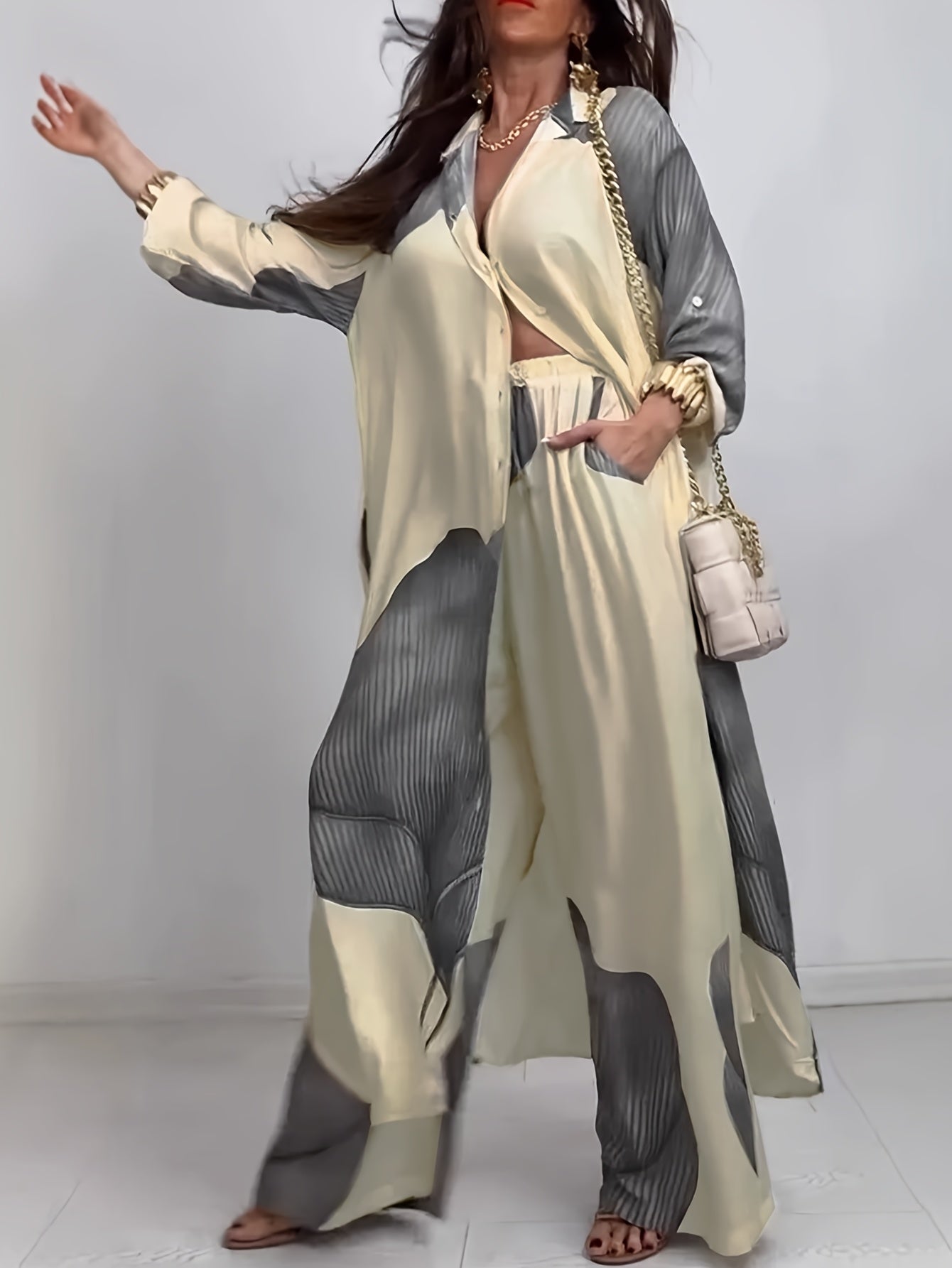 Eloria | Dames 2-delige set met print: blouse met lange mouwen en knoopsluiting & losse broek, casual lounge outfit