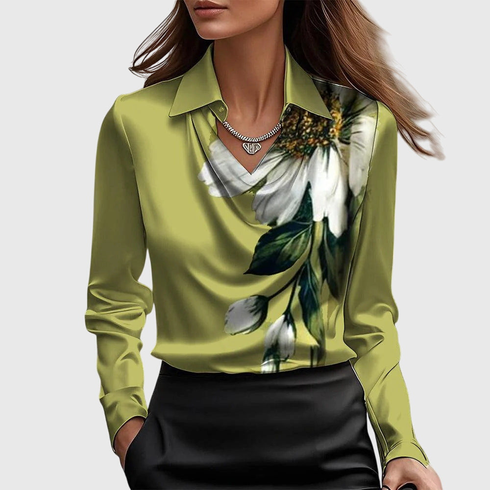 Amelthra | Elegante satijnen blouse met lange mouwen voor dames, gedrapeerd shirt met swingkraag