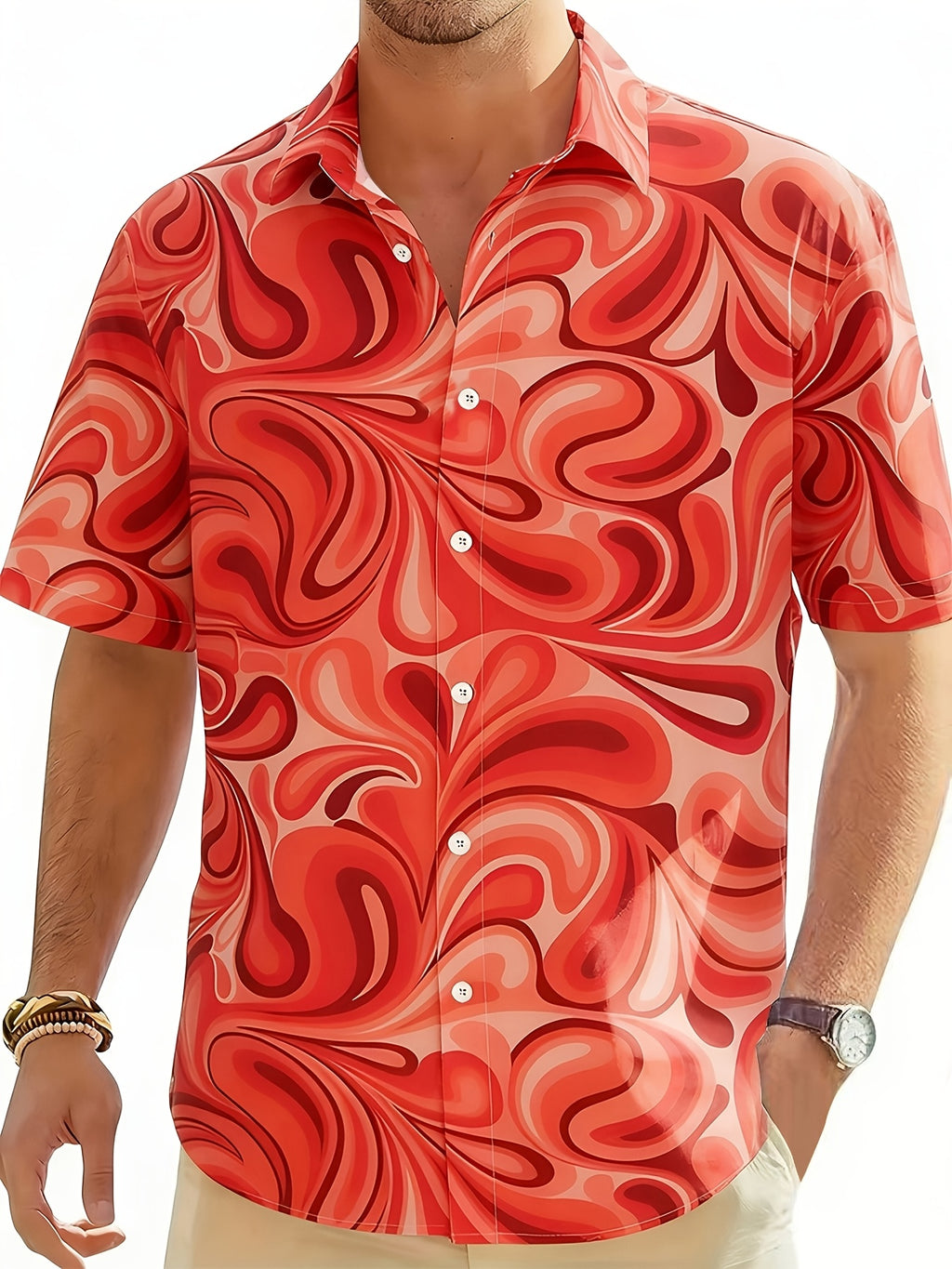 Geno | Heren bladprint overhemd – korte mouwen vakantie shirt