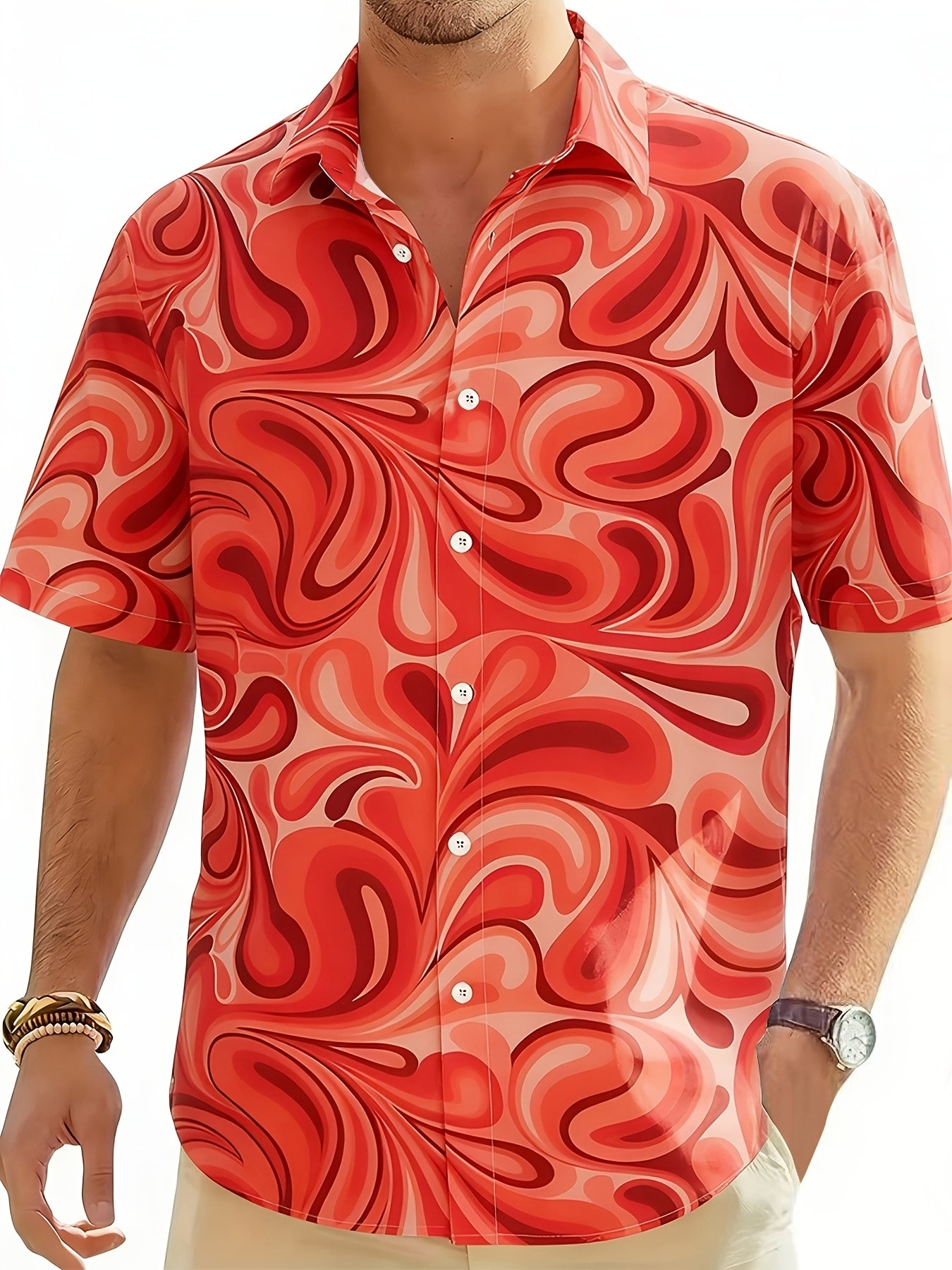 Geno | Heren bladprint overhemd – korte mouwen vakantie shirt