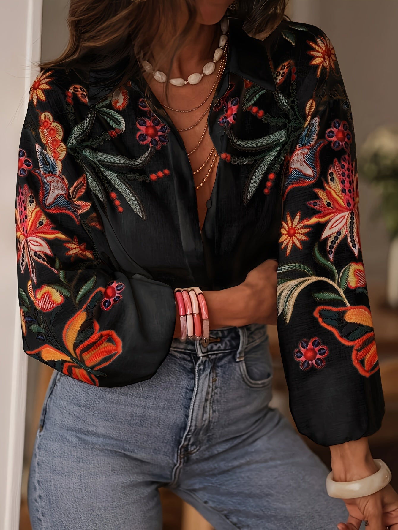 Heliara | Boho geborduurde damesblouse - Knoopoverhemd met lange mouwen en kapselkraag