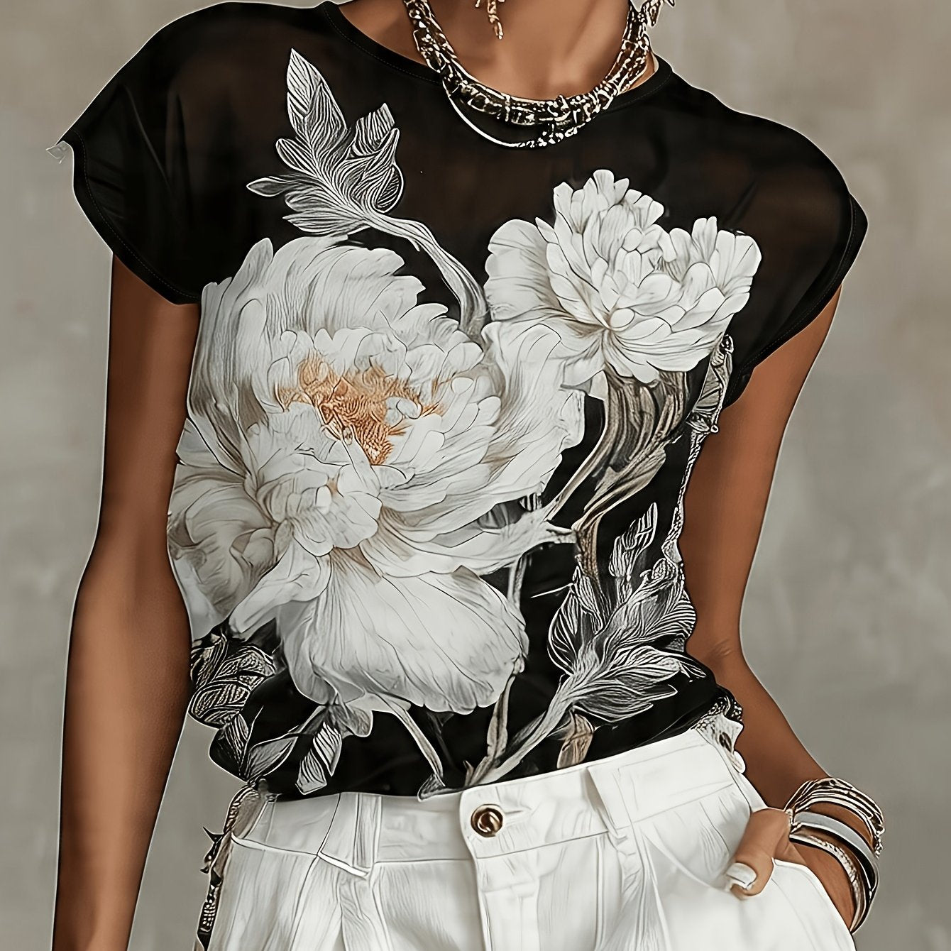Azelisse | Blauwe chiffonblouse met bloemenprint voor dames – doorschijnende casual zomertop met lange mouwen