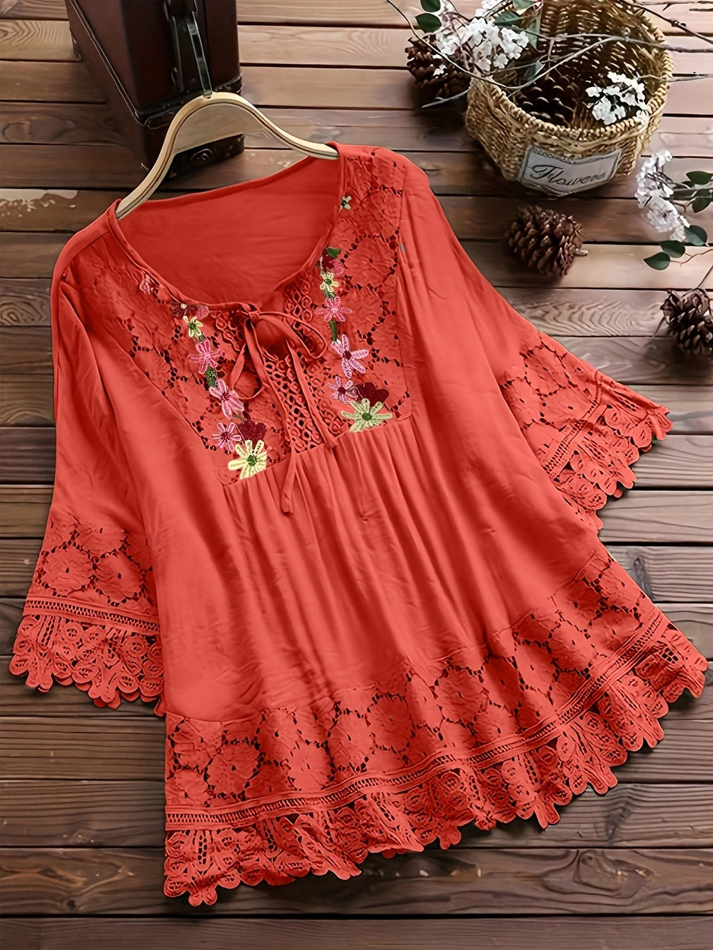 Elarona | Damesblouse met kanten patchwork – Lente/zomer-top met lange mouwen