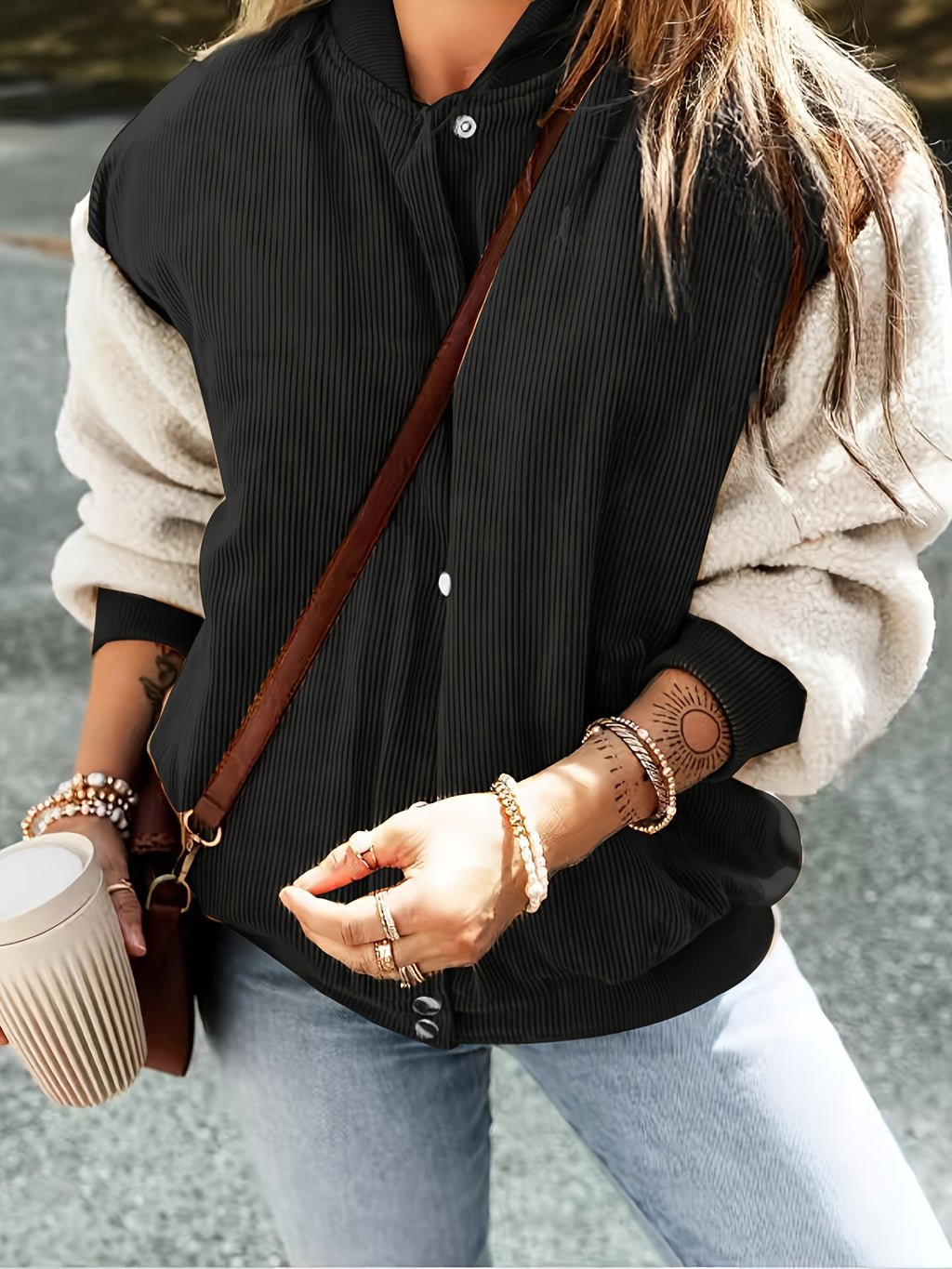 Brivienne | Elegante Jacke mit Baseballkragen und Farbblöcken, warmer Cord, Herbst-/Winterbekleidung