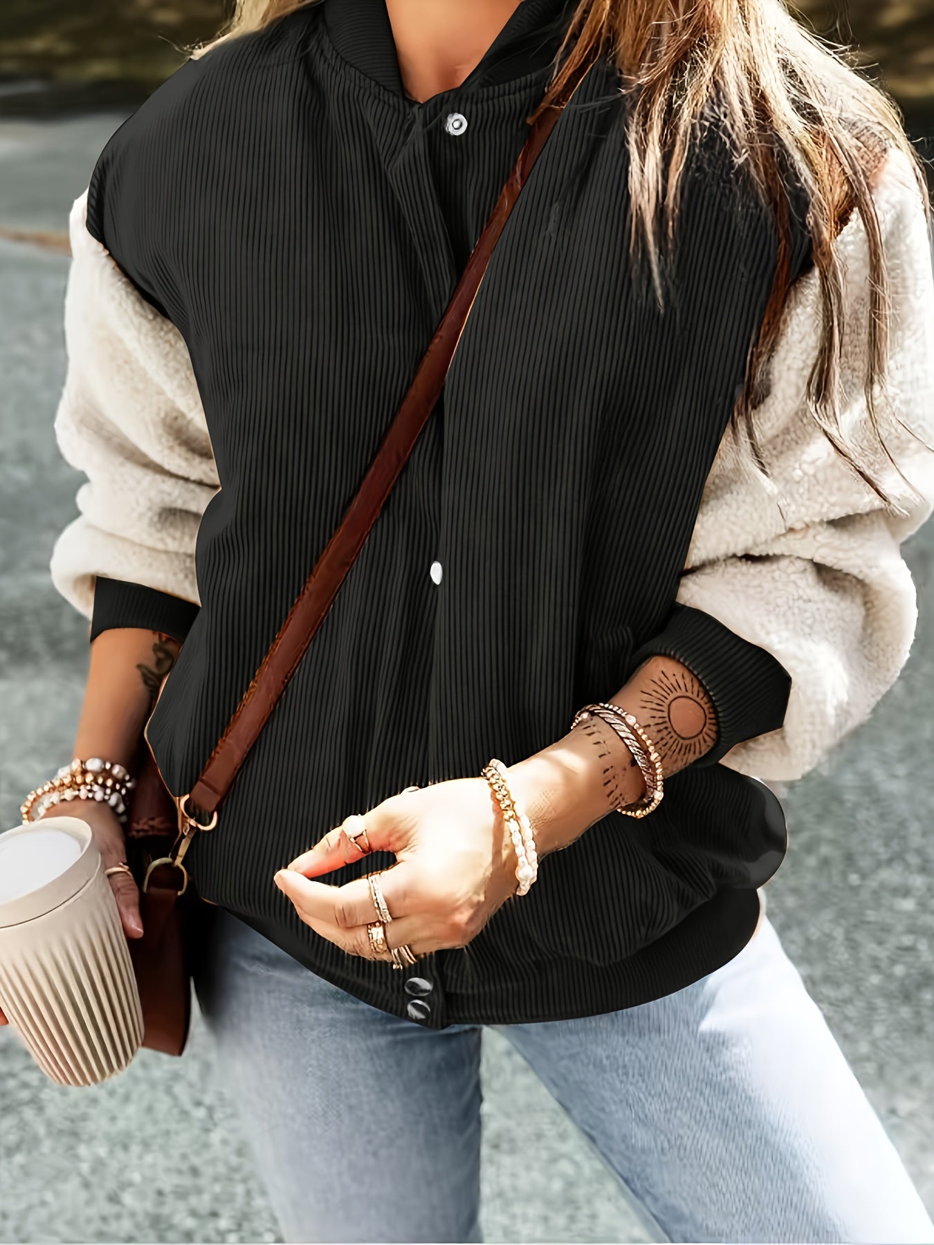 Brivienne | Elegante Jacke mit Baseballkragen und Farbblöcken, warmer Cord, Herbst-/Winterbekleidung