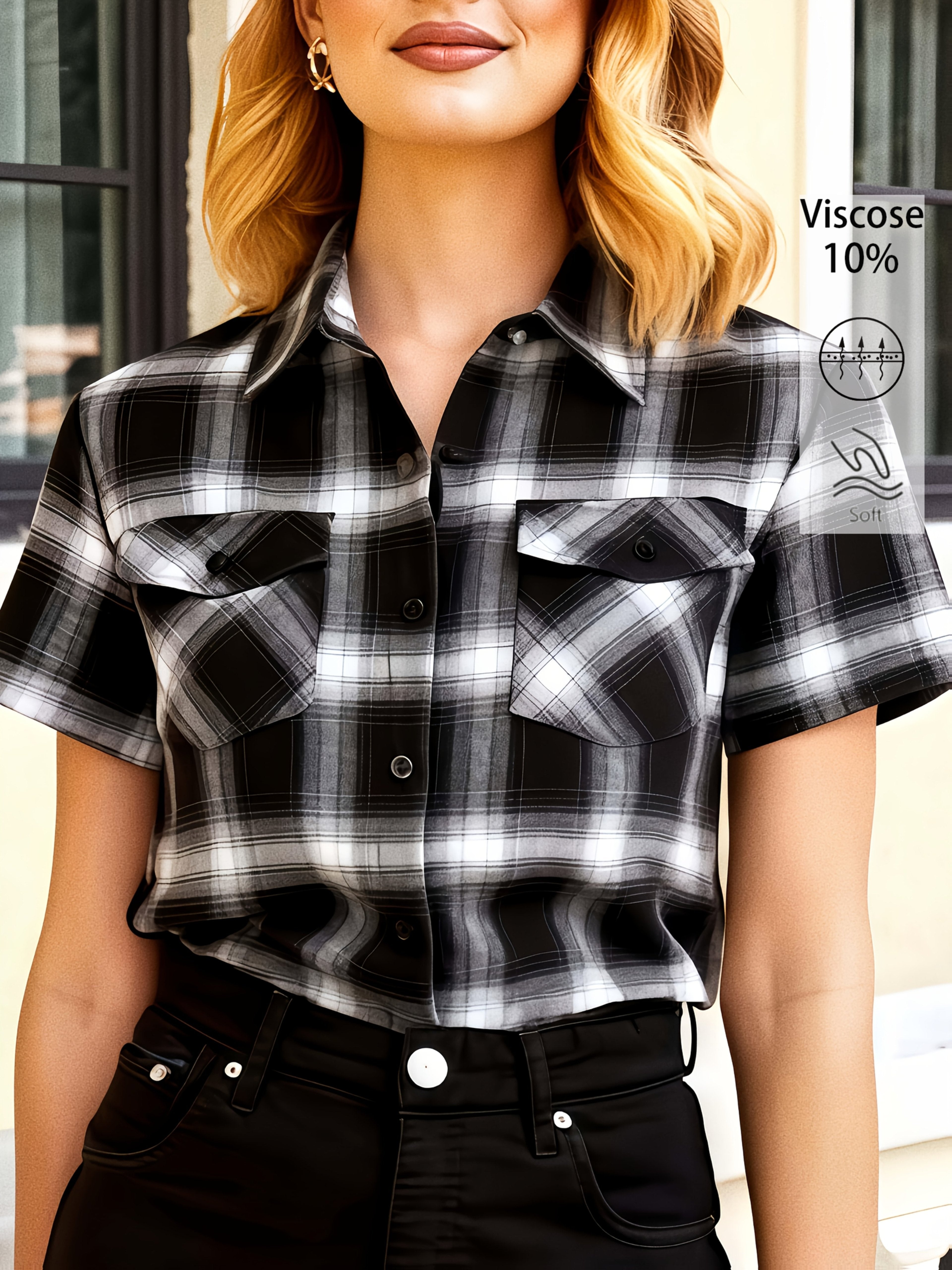 Juniper | Damesoverhemd met korte mouwen en ruitjespatroon – Casual blouse met knopen en twee zakken