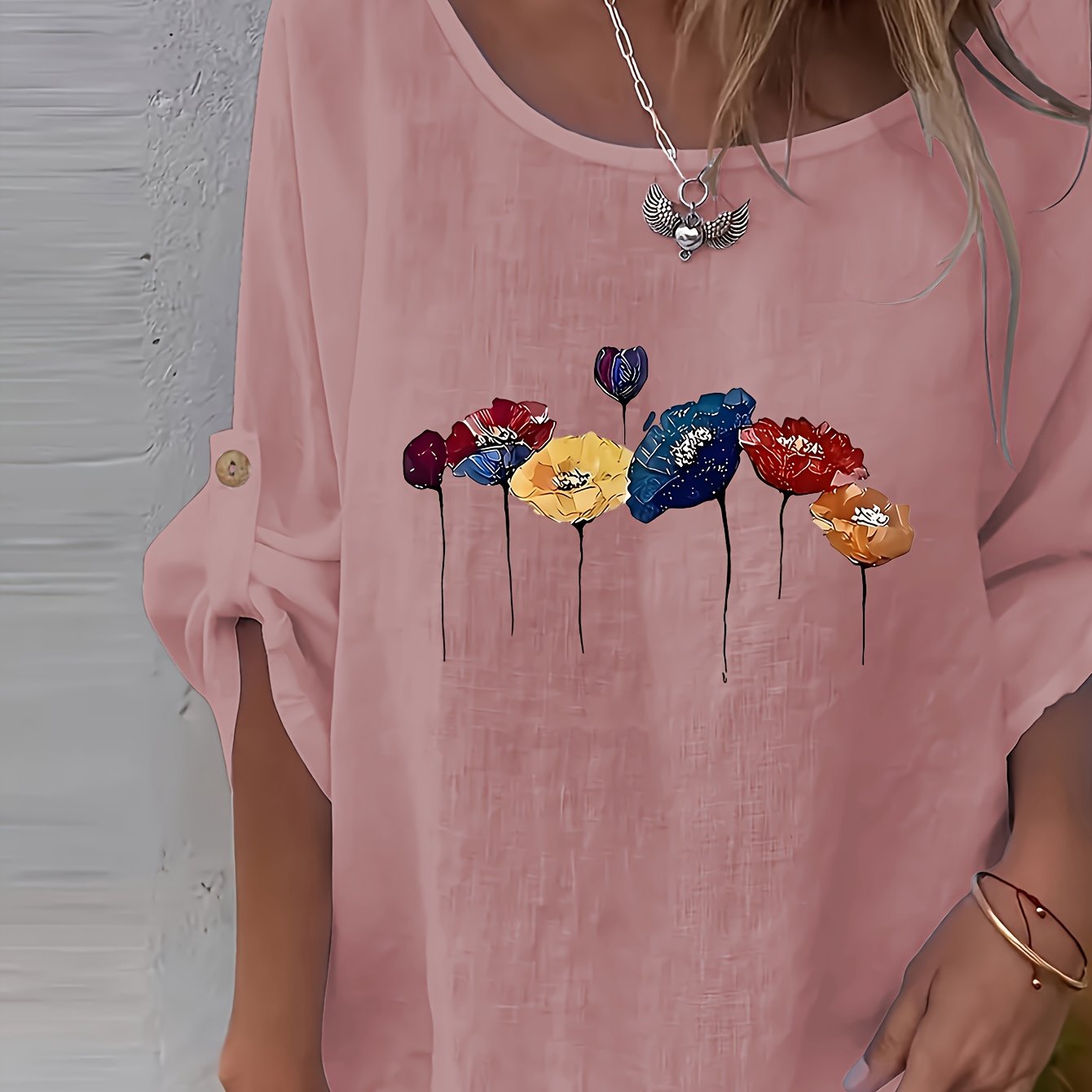 Lunelle | Elegant dames-T-shirt met bloemenprint en ronde hals – Casual, losse pasvorm, knoopjes, lente