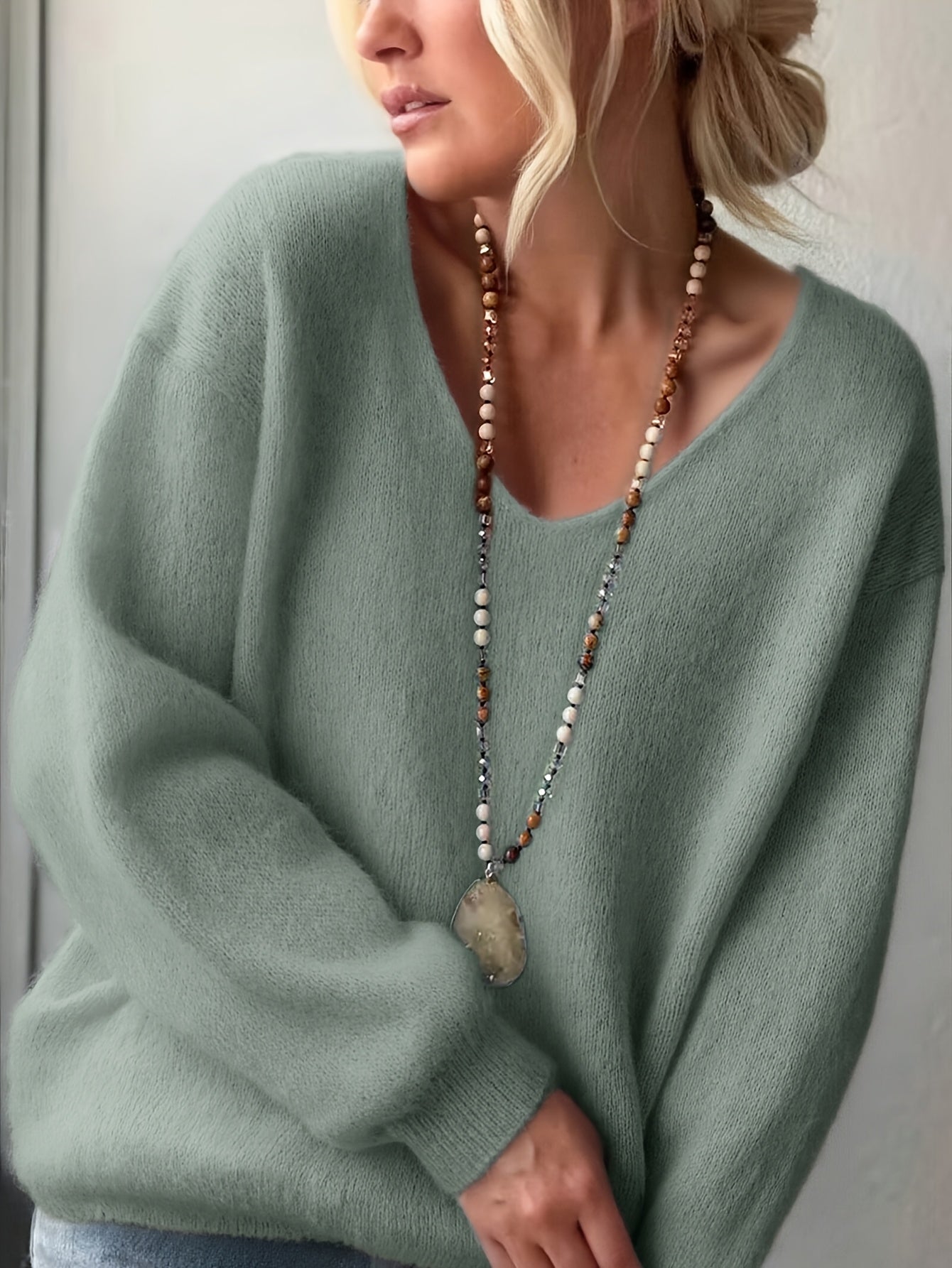 Rhian | Elegante V-hals trui voor dames, lange mouwen, effen kleur, zacht gebreid