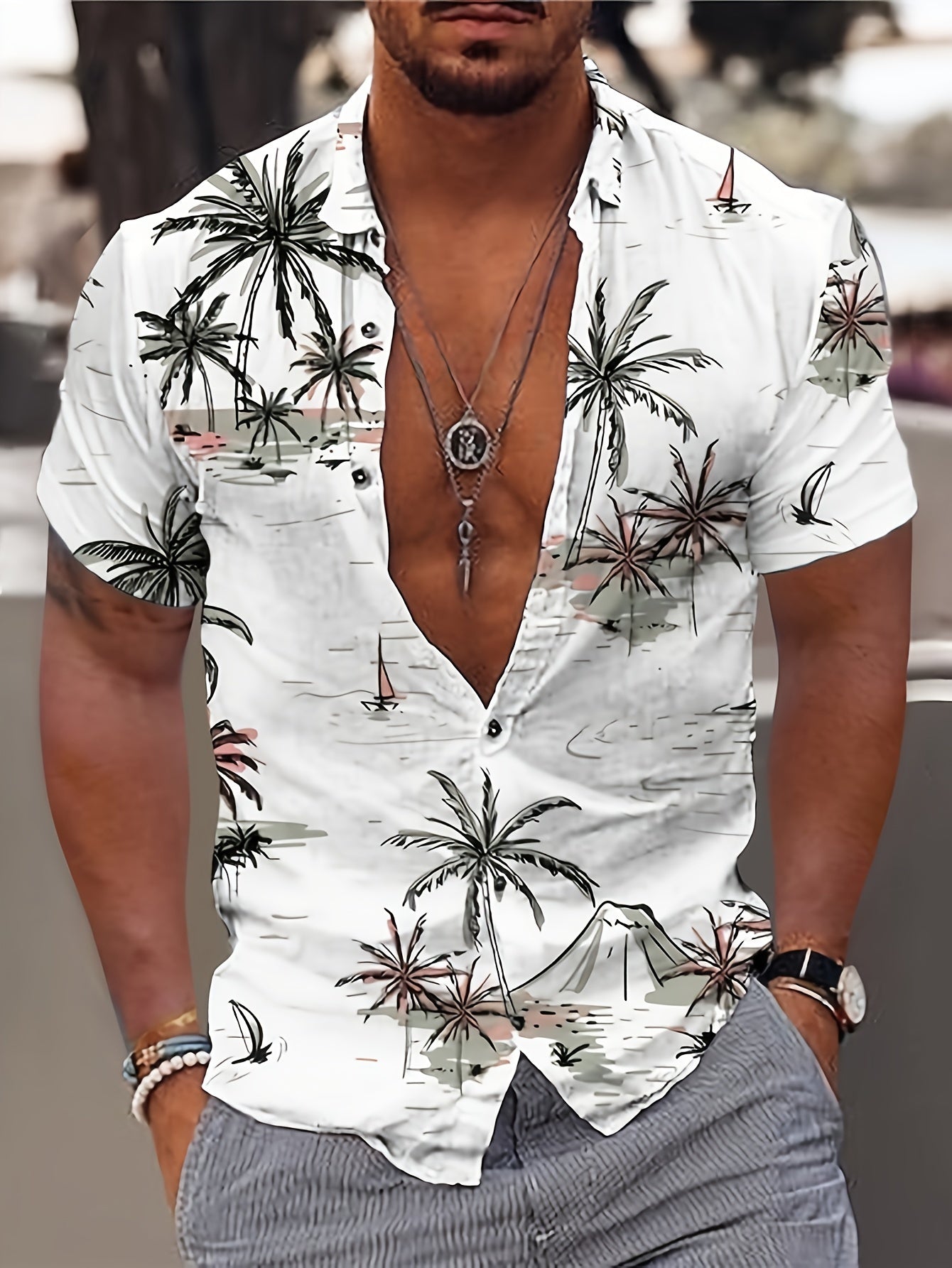 Malron | Heren Hawaiiaans Shirt met Kokospalm Print – Casual Vakantie Strand Zomer Overhemd