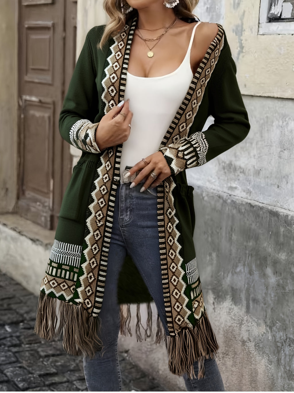 Leoria | Dames Lang Vest – Contrasterend Geometrisch Patroon, Kwastjeszoom