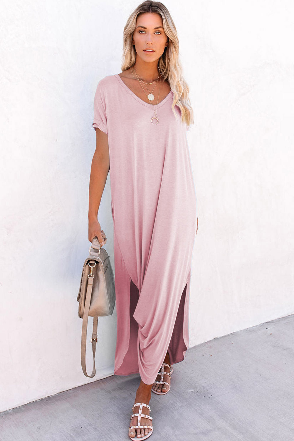 Ithara |  Maxi-T-shirtjurk met V-hals voor dames – Losvallende, lange T-shirtjurk