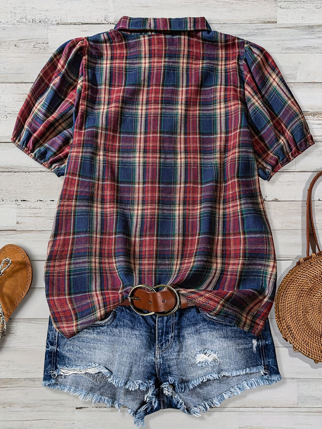 Saryne | Damesblouse met geruite print en pofmouwen
