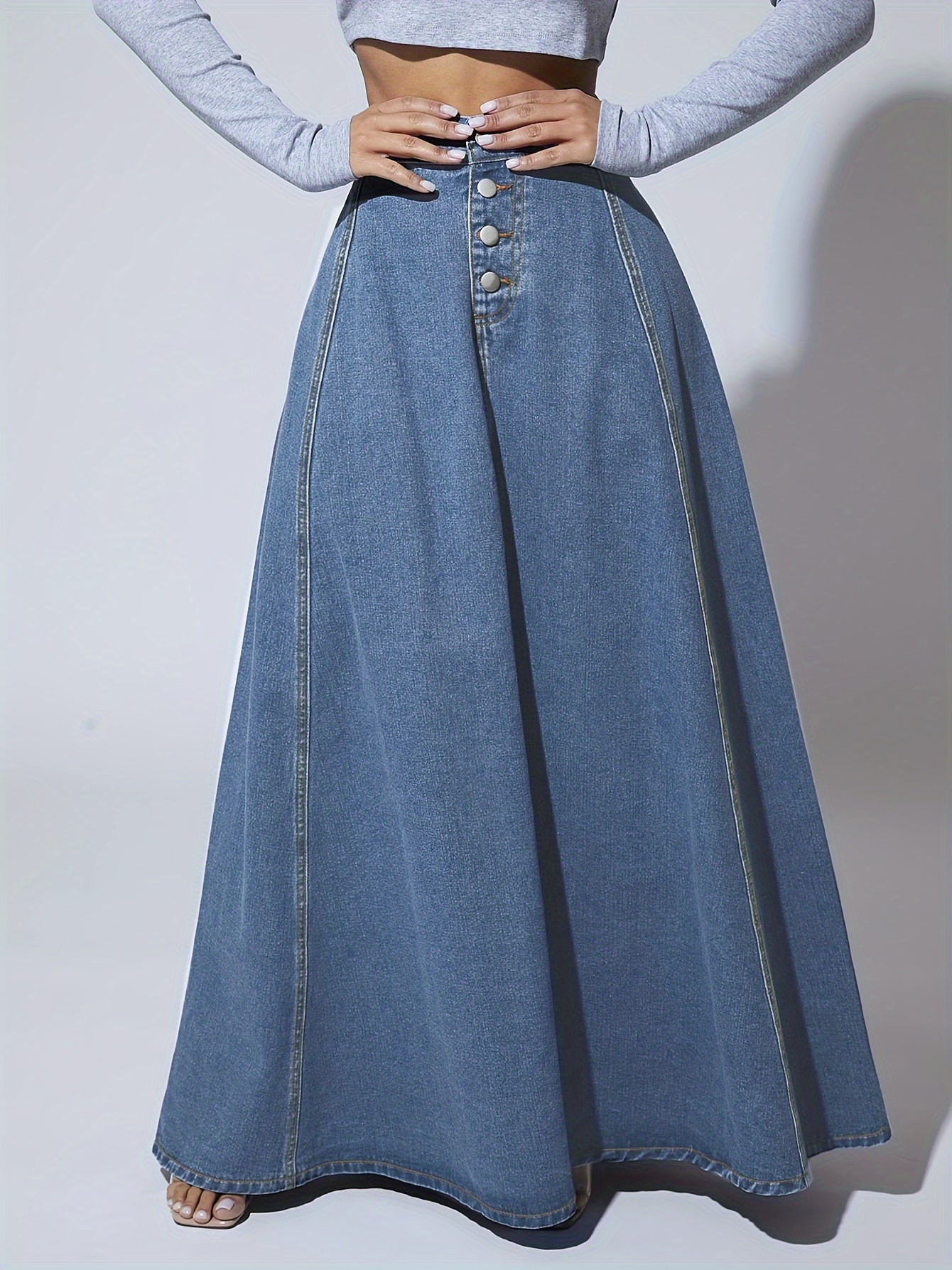 Melina | Hoog uitlopende enkelvoudige geruite maxi flare denim rok