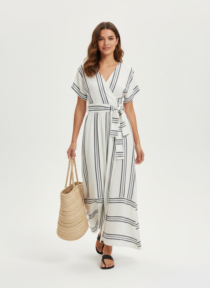 Miva | Elegante linnen jurk met gekruiste halslijn voor dames – Luchtige zomerse maxi-jurk