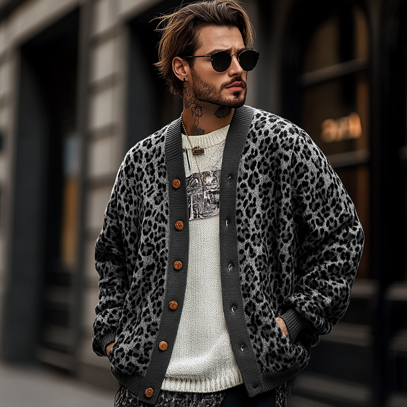 Wryden | Heren vintage luipaardjacquard cardigan met kleurblokken – Enkelrijige gebreide trui, casual trui