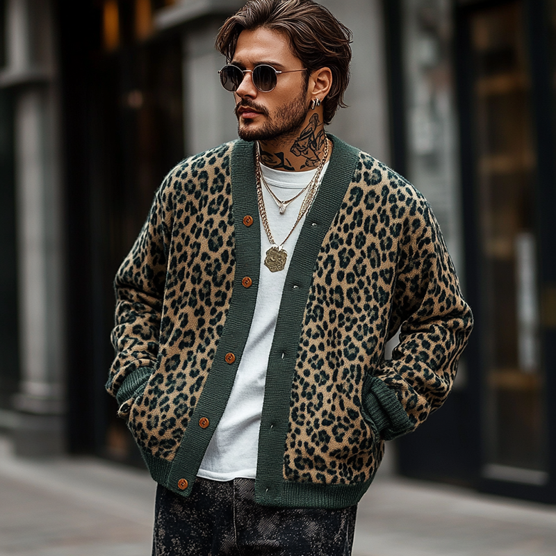Wryden | Heren vintage luipaardjacquard cardigan met kleurblokken – Enkelrijige gebreide trui, casual trui