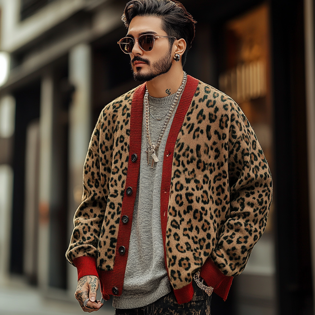 Wryden | Heren vintage luipaardjacquard cardigan met kleurblokken – Enkelrijige gebreide trui, casual trui