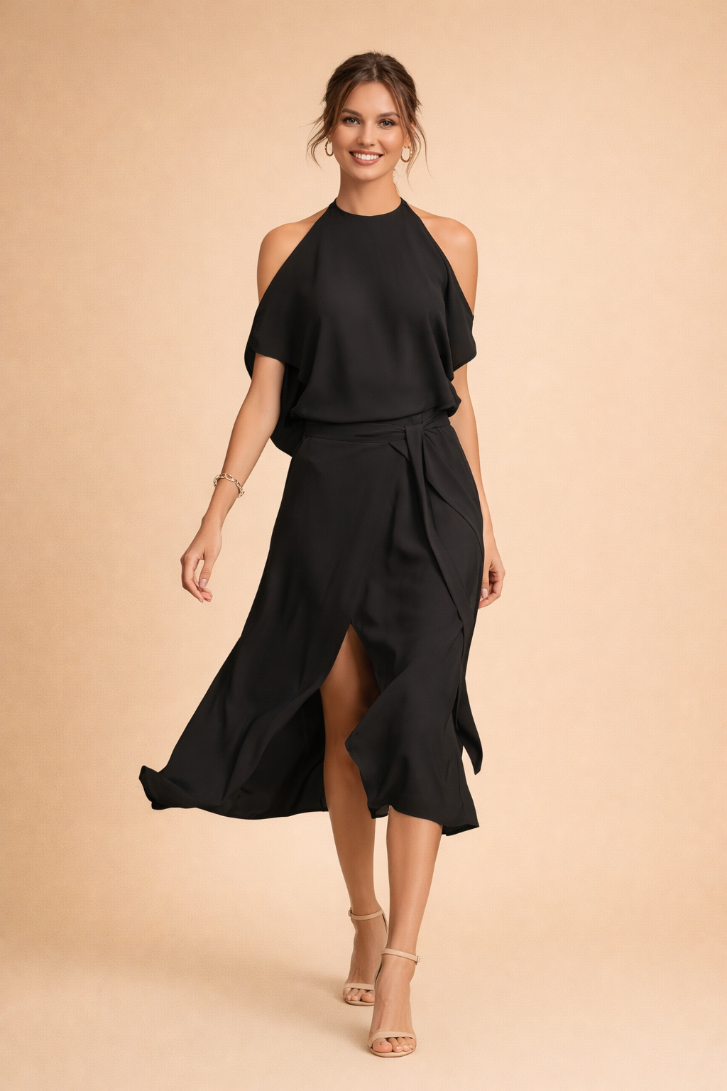 Evelyne | Off-Shoulder Halter Midi Jurk – Elegante Zwierige Damesjurk voor Feesten & Evenementen