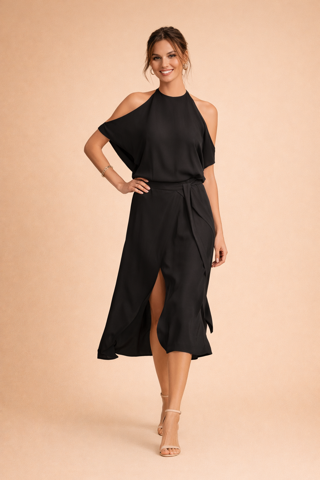 Evelyne | Off-Shoulder Halter Midi Jurk – Elegante Zwierige Damesjurk voor Feesten & Evenementen