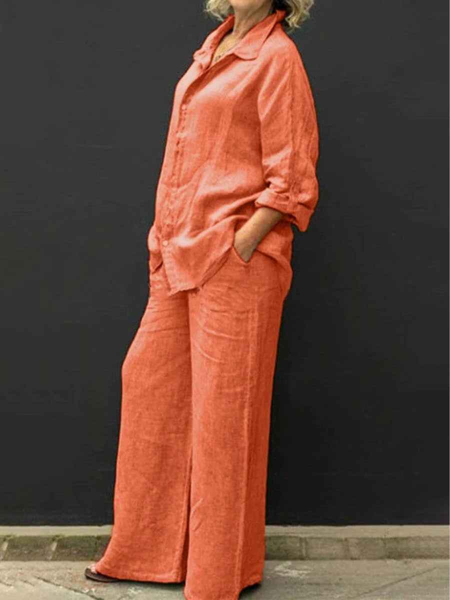 Elyne | Zomerse linnen tweedelige set voor dames: blouse en wijde broek met relaxte pasvorm
