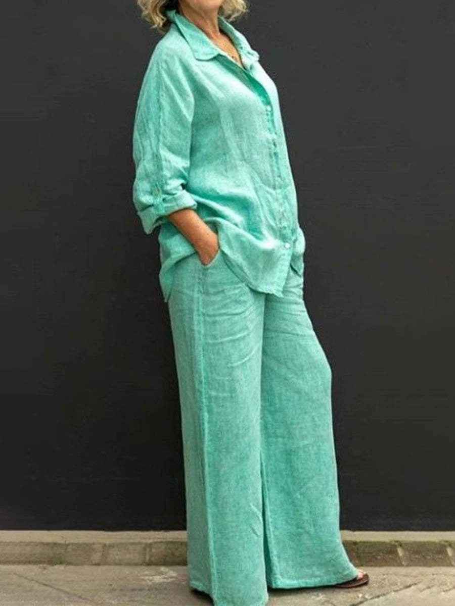 Elyne | Zomerse linnen tweedelige set voor dames: blouse en wijde broek met relaxte pasvorm