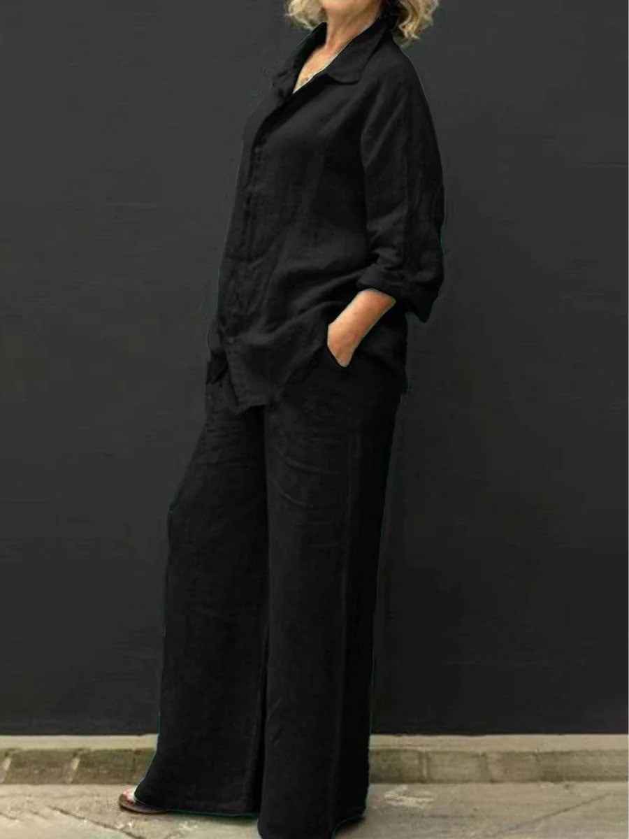 Elyne | Zomerse linnen tweedelige set voor dames: blouse en wijde broek met relaxte pasvorm