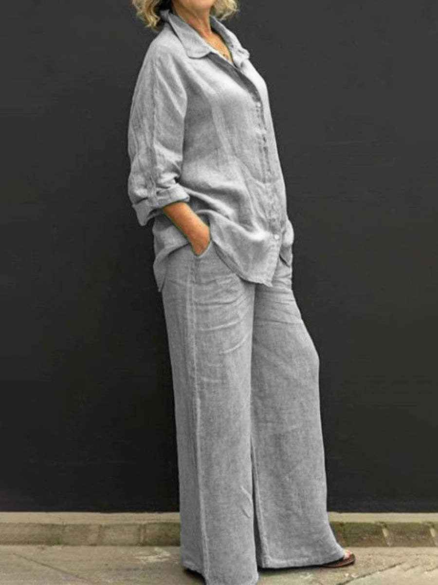 Elyne | Zomerse linnen tweedelige set voor dames: blouse en wijde broek met relaxte pasvorm
