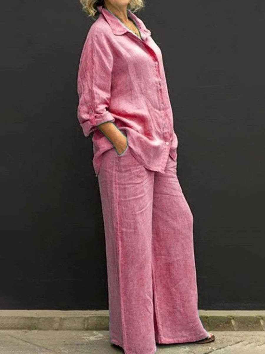 Elyne | Zomerse linnen tweedelige set voor dames: blouse en wijde broek met relaxte pasvorm