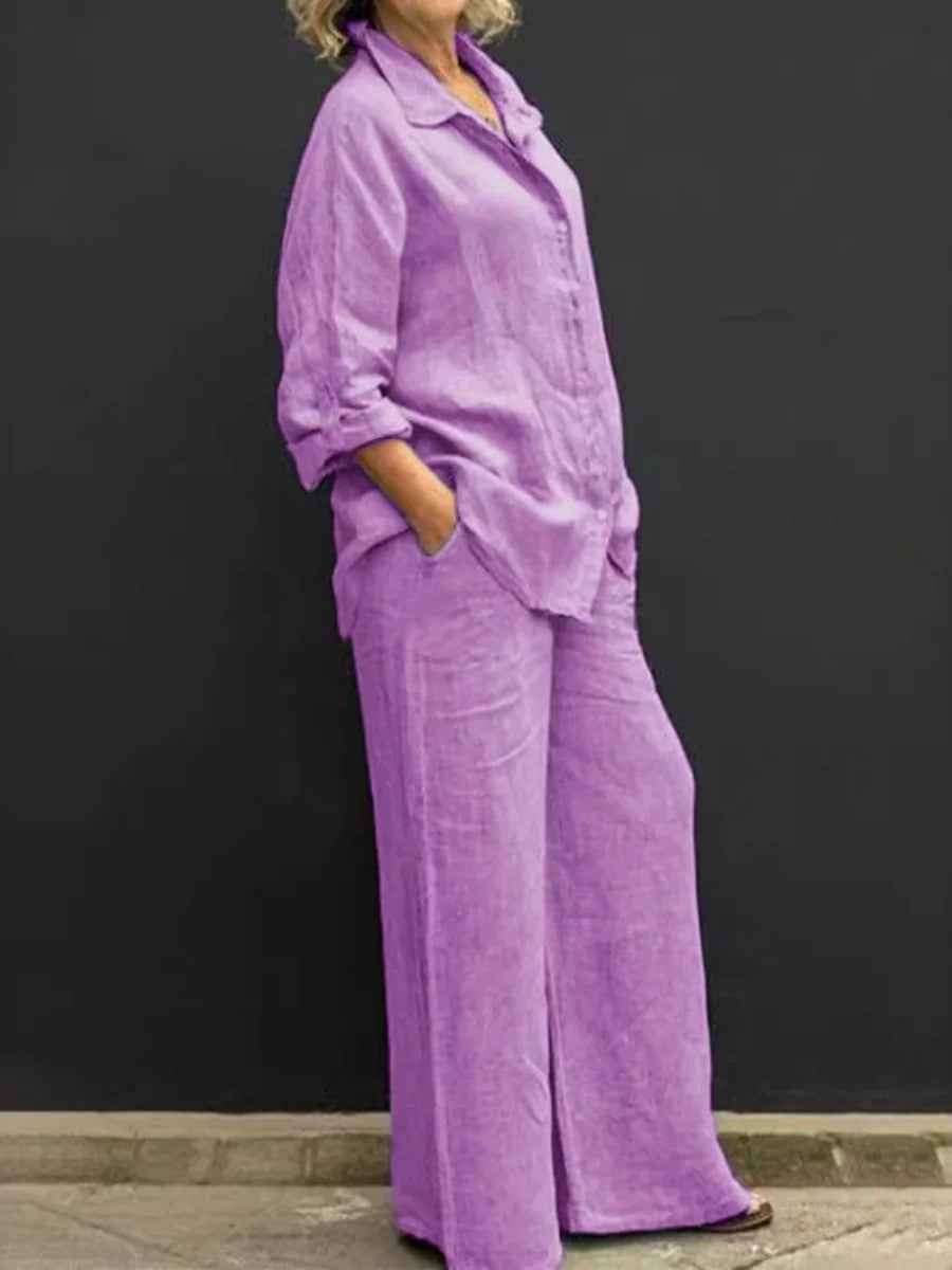 Elyne | Zomerse linnen tweedelige set voor dames: blouse en wijde broek met relaxte pasvorm