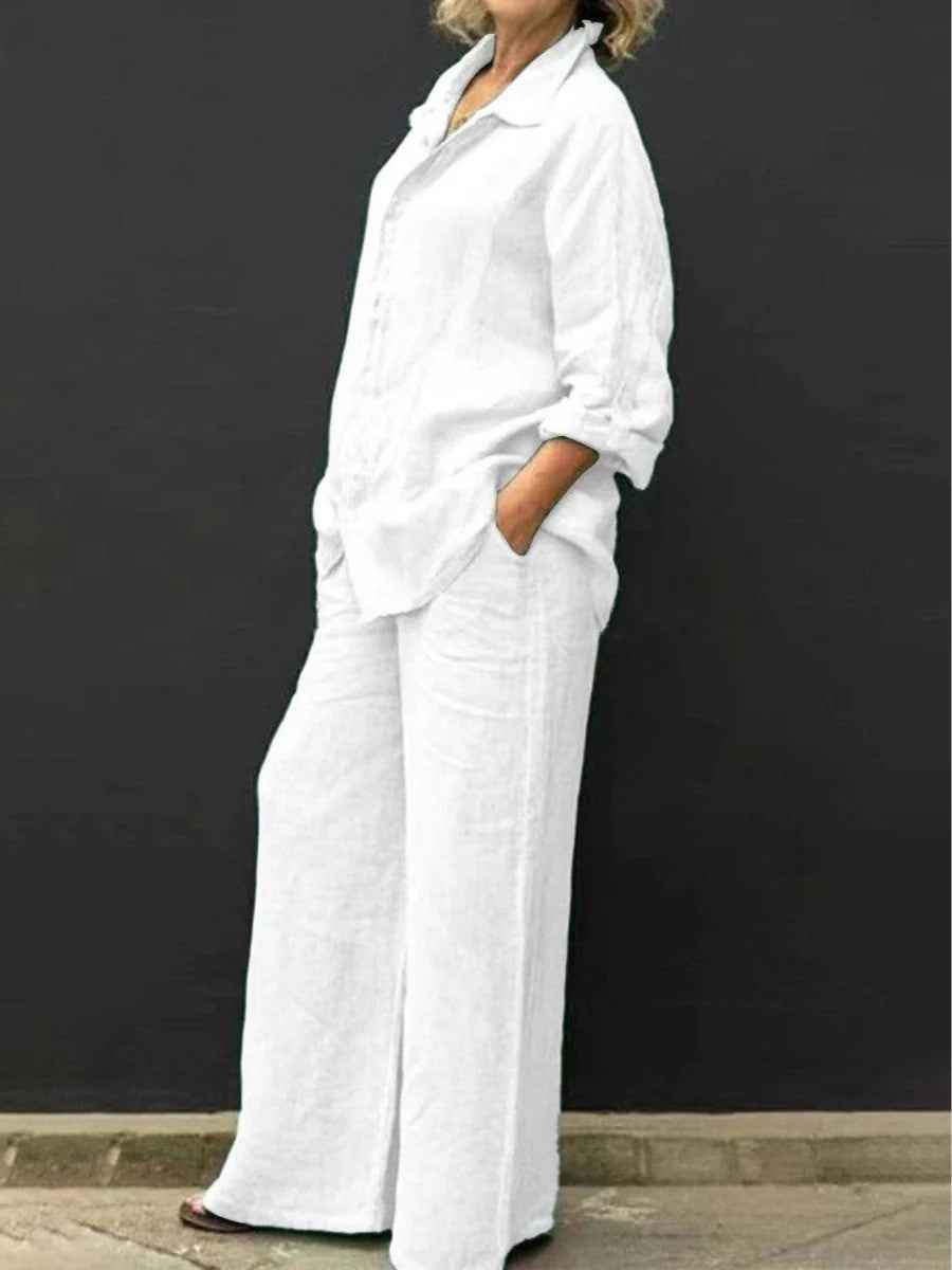 Elyne | Zomerse linnen tweedelige set voor dames: blouse en wijde broek met relaxte pasvorm