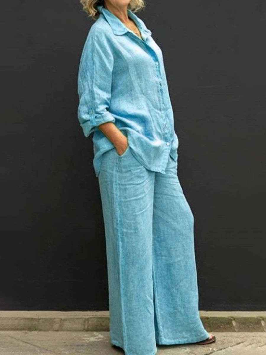 Elyne | Zomerse linnen tweedelige set voor dames: blouse en wijde broek met relaxte pasvorm