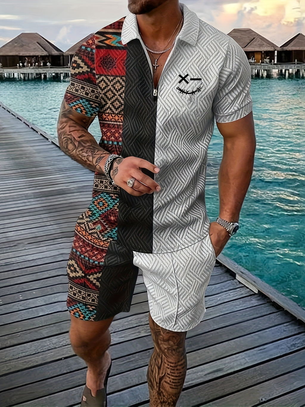 Xylaric | Casual tweedelige set voor heren – T-shirt met reverskraag en korte broek met trekkoord