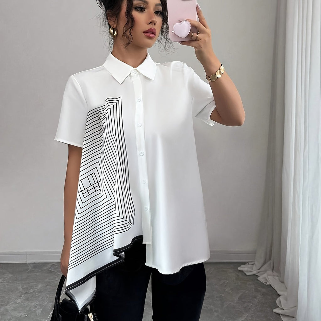 Aislin | Damesblouse met geometrische print – Zwart-witte blouse met kraag