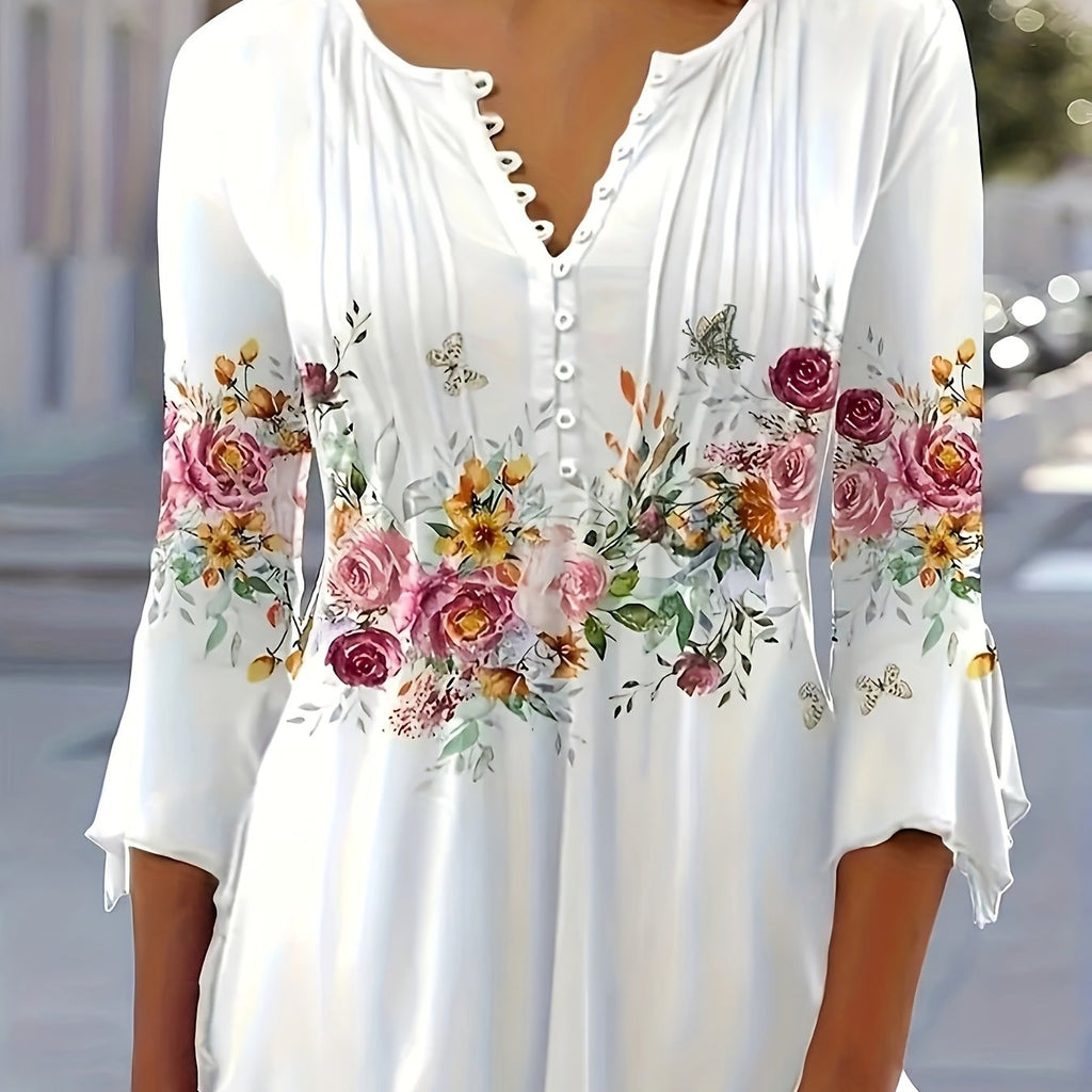 Yalisse | Dames Blouse met Bloemenprint en Ingeknipte Hals – Casual Top met Knoopsluiting
