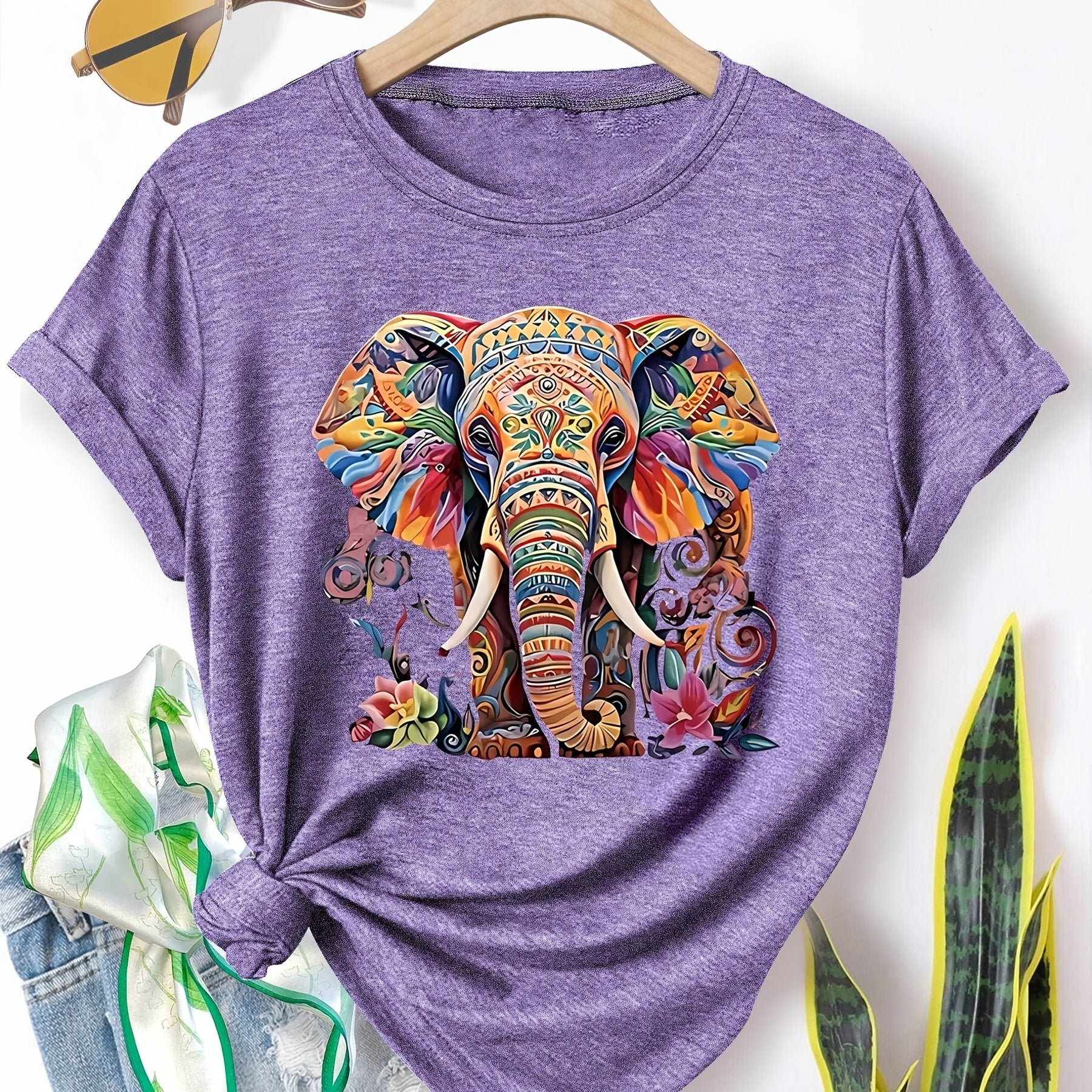 Menya | Dames-T-shirt met olifantenprint – Casual T-shirt in retrostijl met ronde hals en korte mouwen