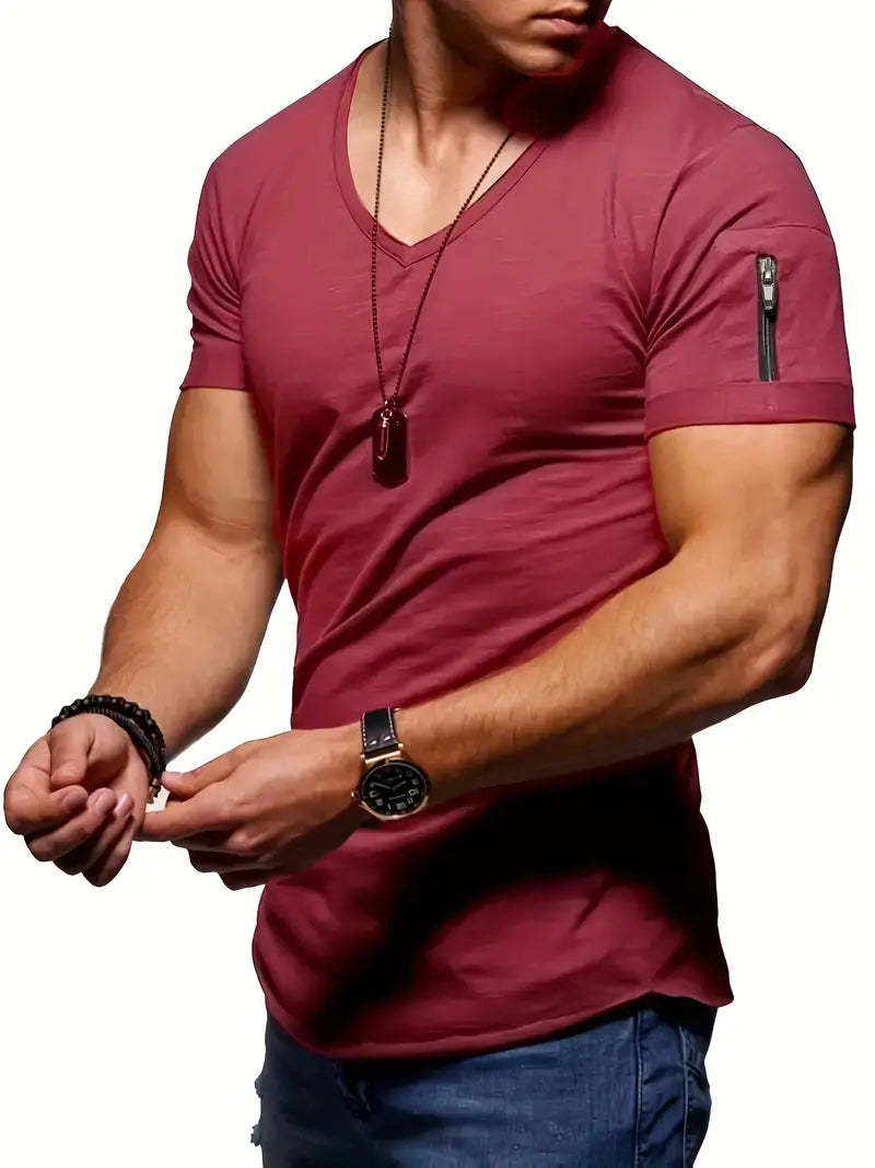 Gobor | Herren-T-Shirt mit V-Ausschnitt, kurzen Ärmeln und Reißverschlussdetails – Lässiges Baumwoll-T-Shirt
