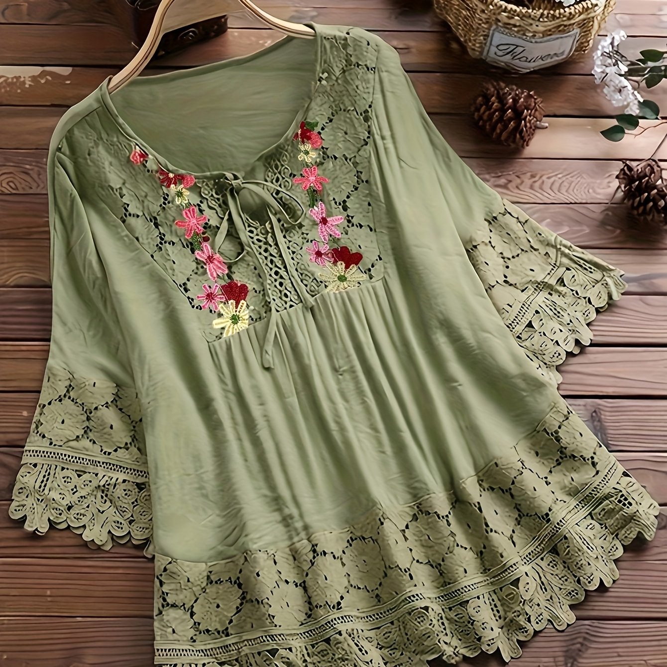 Elarona | Damesblouse met kanten patchwork – Lente/zomer-top met lange mouwen