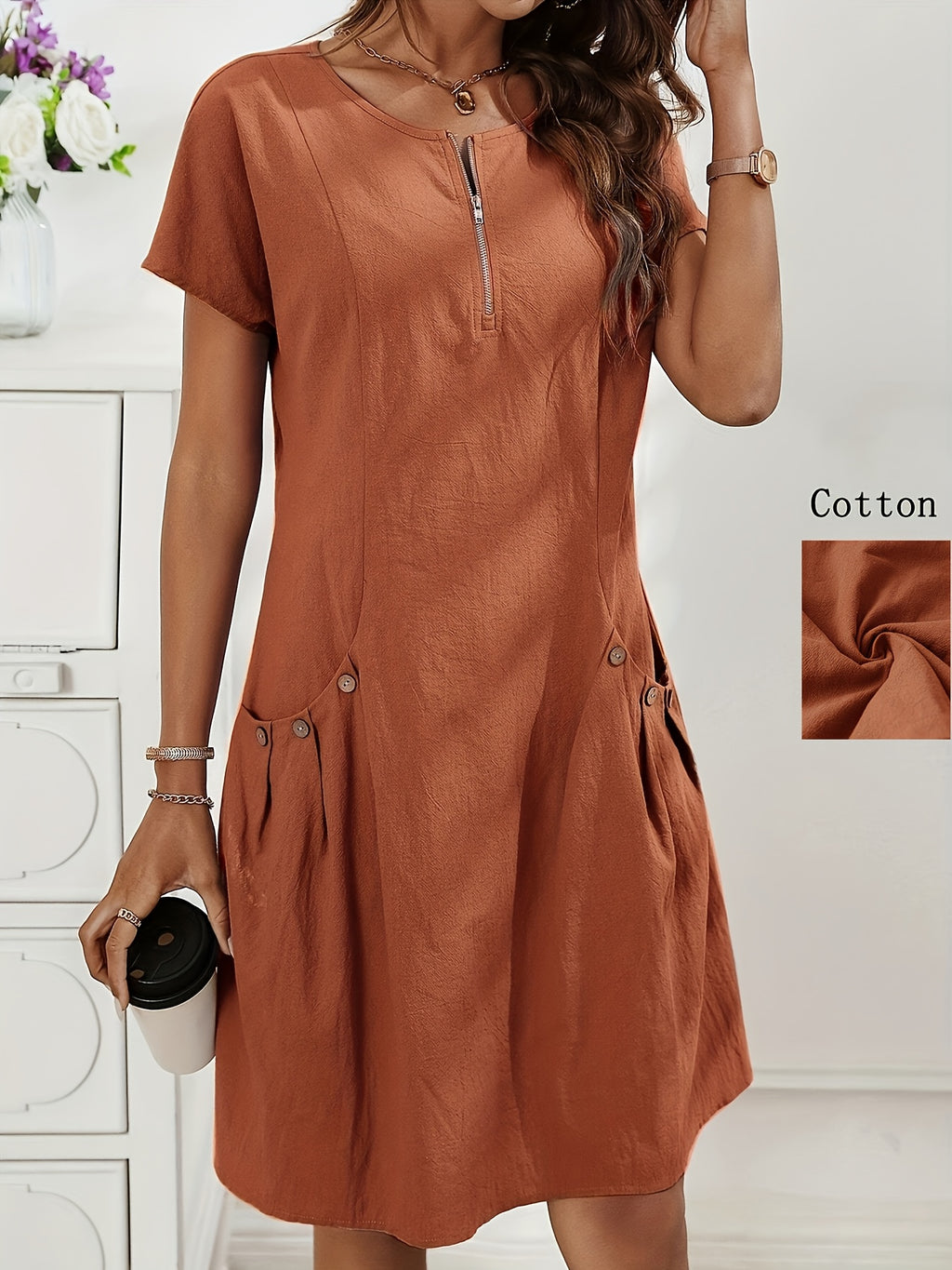 Zirelia | Zomerse casual overhemdjurk voor dames – halve rits, knoopdetails en dubbele zakken