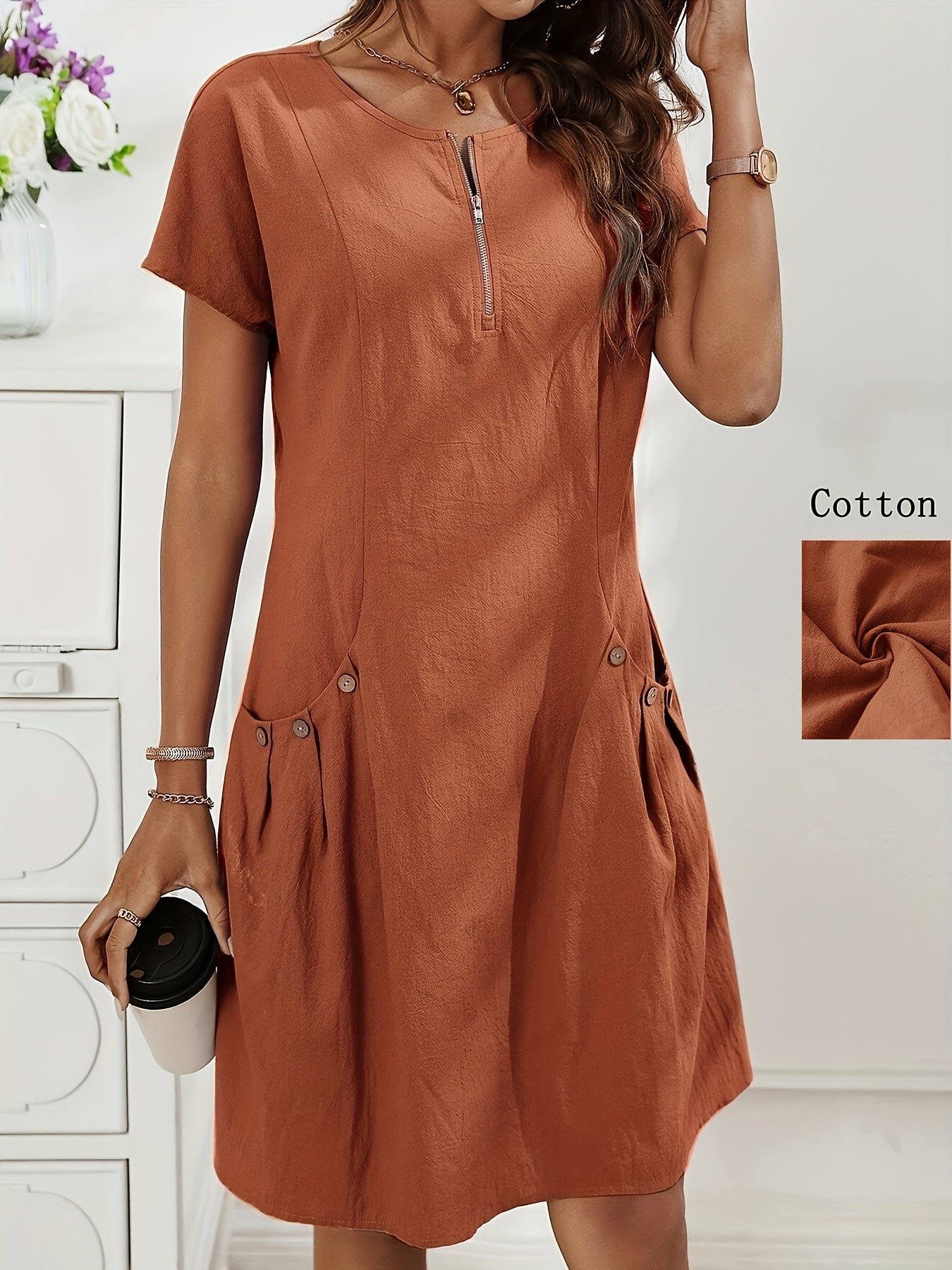 Zirelia | Zomerse casual overhemdjurk voor dames – halve rits, knoopdetails en dubbele zakken